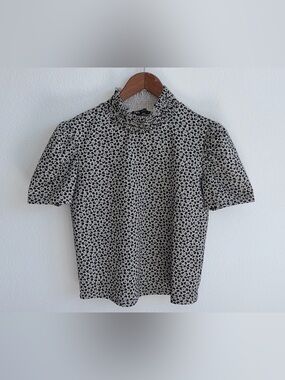 Zara Black and White Smocked Mock Neck Tee